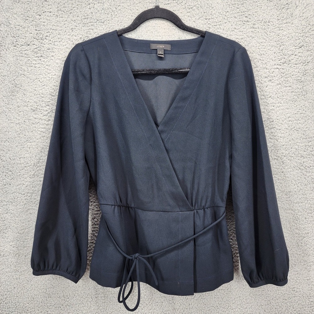J. Crew Black Faux-Wrap Waist Tie Long Sleeve Blouse Size 4
